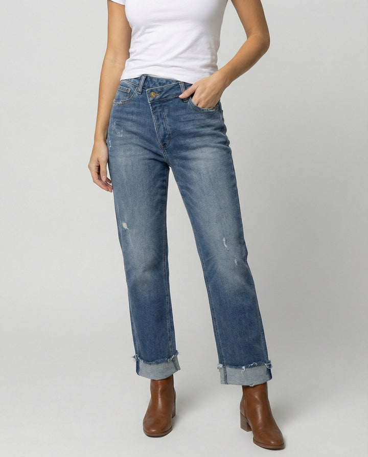 W&W Mode - Damen Gewaschene Denim Hose, Hochbund mit Taillenzug