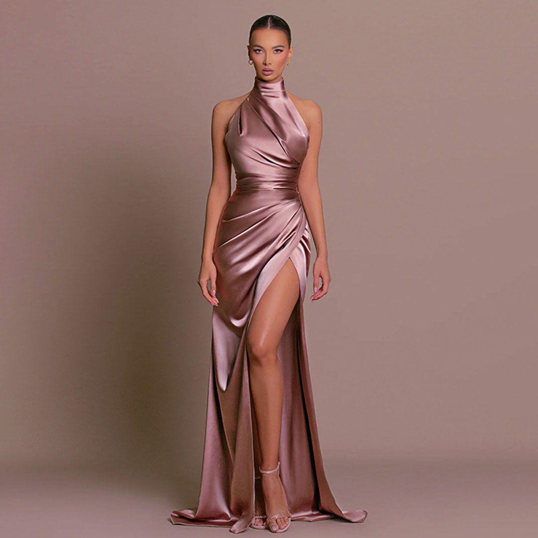 W&W Mode | Luxuriöses Hoher Hals Halter Raffung Seite Schlitz Satin Maxikleid Abendkleid