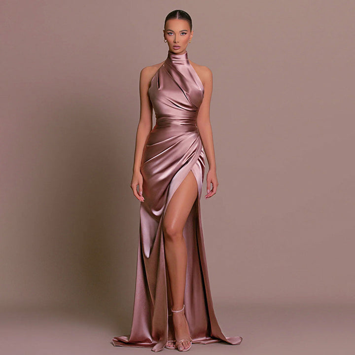 W&W Mode | Luxuriöses Hoher Hals Halter Raffung Seite Schlitz Satin Maxikleid Abendkleid