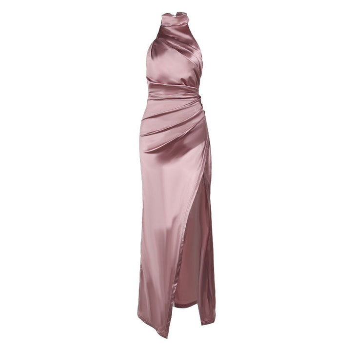 W&W Mode | Luxuriöses Hoher Hals Halter Raffung Seite Schlitz Satin Maxikleid Abendkleid