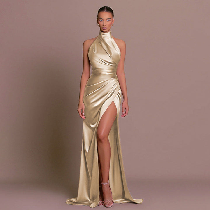 W&W Mode | Luxuriöses Hoher Hals Halter Raffung Seite Schlitz Satin Maxikleid Abendkleid