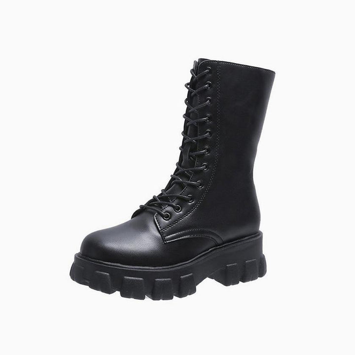 W&W Mode | Moderne Schnürverschluss Reißverschluss Seiten Profilsohle Chunky Heel Stiefel Bis Zur Wade