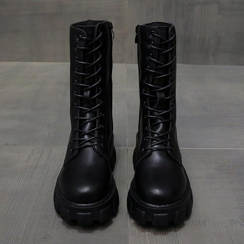 W&W Mode | Moderne Schnürverschluss Reißverschluss Seiten Profilsohle Chunky Heel Stiefel Bis Zur Wade