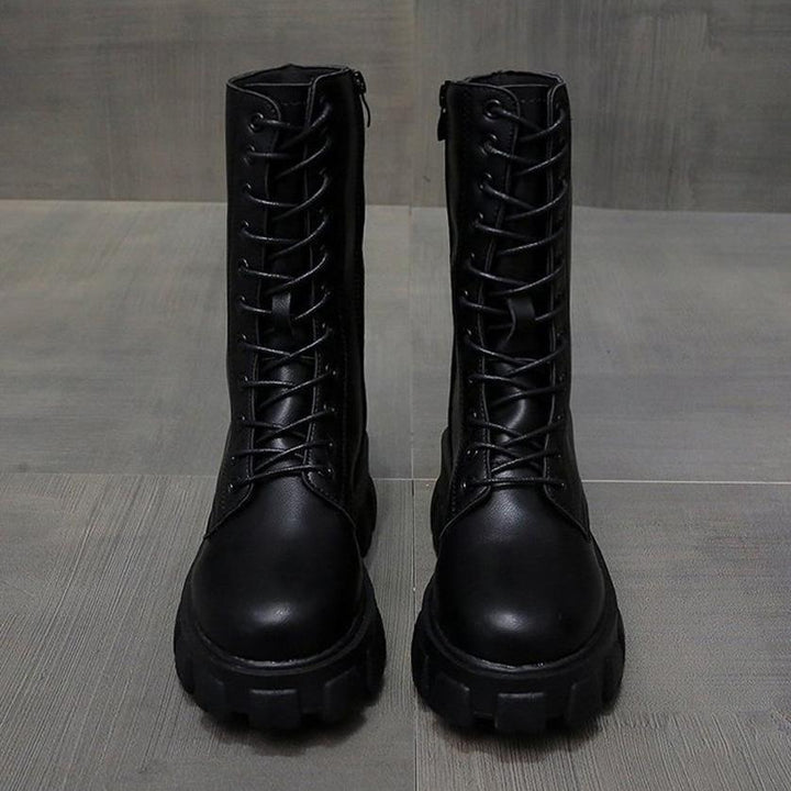 W&W Mode | Moderne Schnürverschluss Reißverschluss Seiten Profilsohle Chunky Heel Stiefel Bis Zur Wade