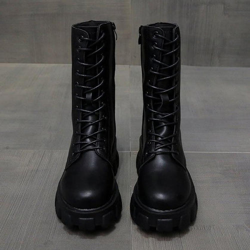 W&W Mode | Moderne Schnürverschluss Reißverschluss Seiten Profilsohle Chunky Heel Stiefel Bis Zur Wade