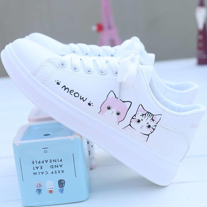 W&W Mode | Bedruckte Pu Schuhe Süße Katzen Schnürsneaker