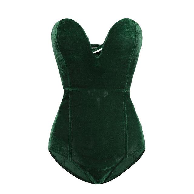 W&W Mode | Ärmelloses Trägerloses Samt Bodysuit Rückenfrei V-Ausschnitt