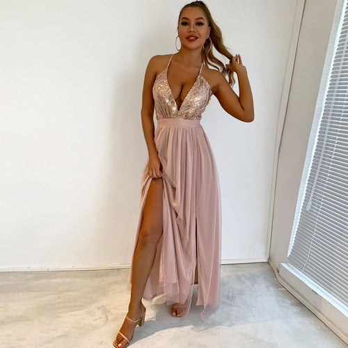 W&W Mode | Glitzerndes Pailletten Panel Mesh Tiefer V-Rückenfreies Abend Maxikleid
