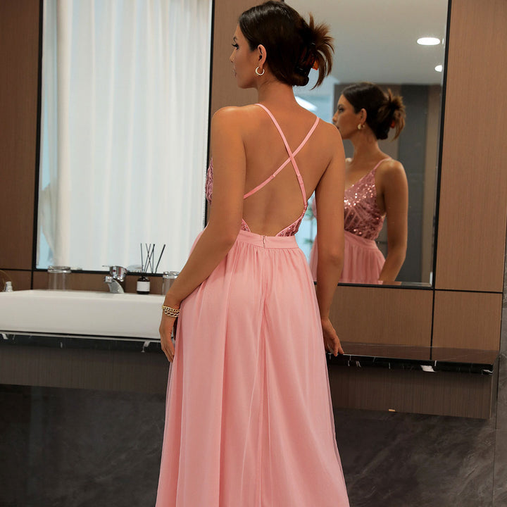 W&W Mode | Glitzerndes Pailletten Panel Mesh Tiefe V-Rückenloses Abend Maxikleid