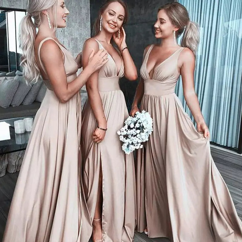 W&W Mode | Geteiltes V-Ausschnitt Brautjungfernkleid Lange Maxi Abend