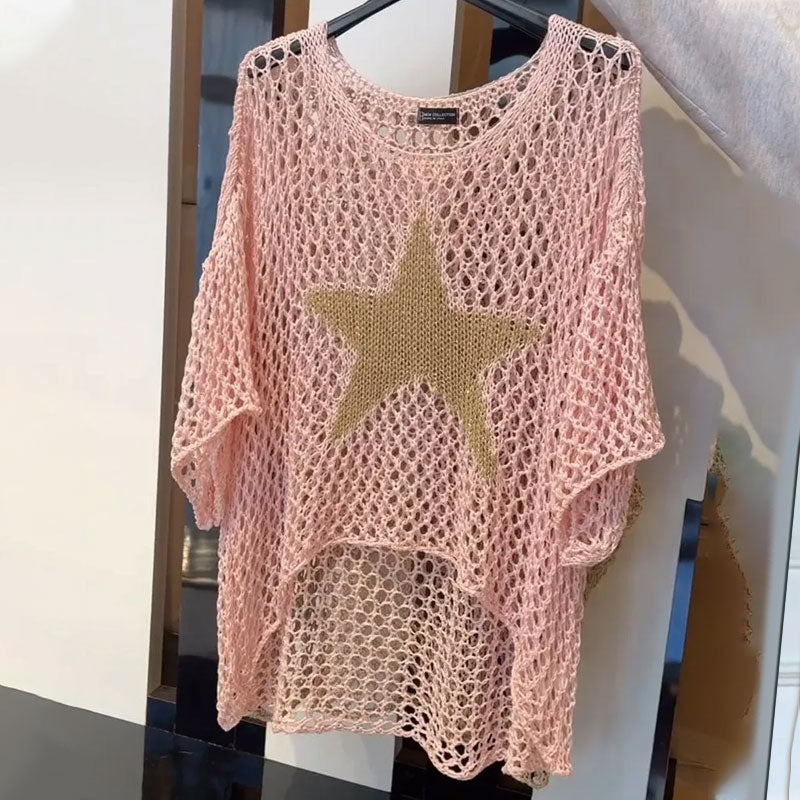 W&W Mode | Damenmode Rundhalsausschnitt Häkel-Strick-Netz-Top