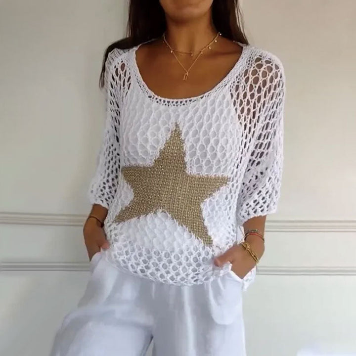 W&W Mode | Damenmode Rundhalsausschnitt Häkel-Strick-Netz-Top