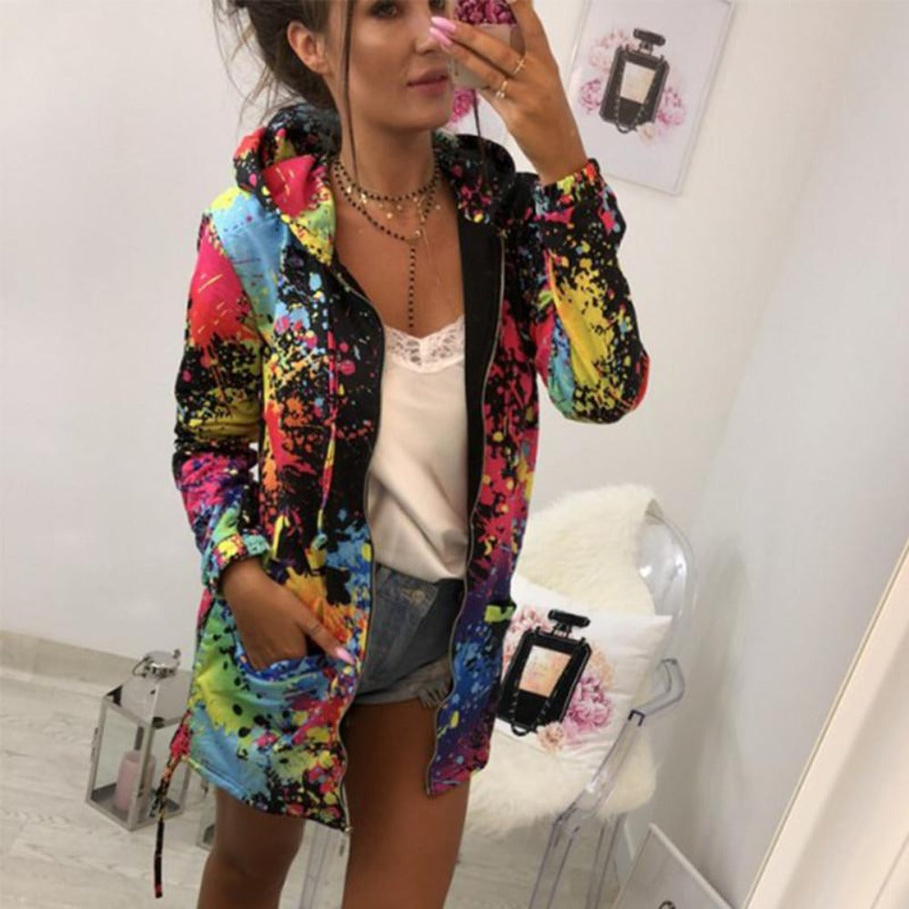 W&W Mode | Dünne Mehrfarbige Kapuzenjacke Mit Reißverschluss Und Taschen Langjacke