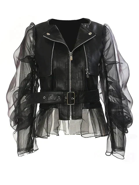 Damen Lederjacke aus PU-Leder mit langen Ärmeln und Reißverschluss
